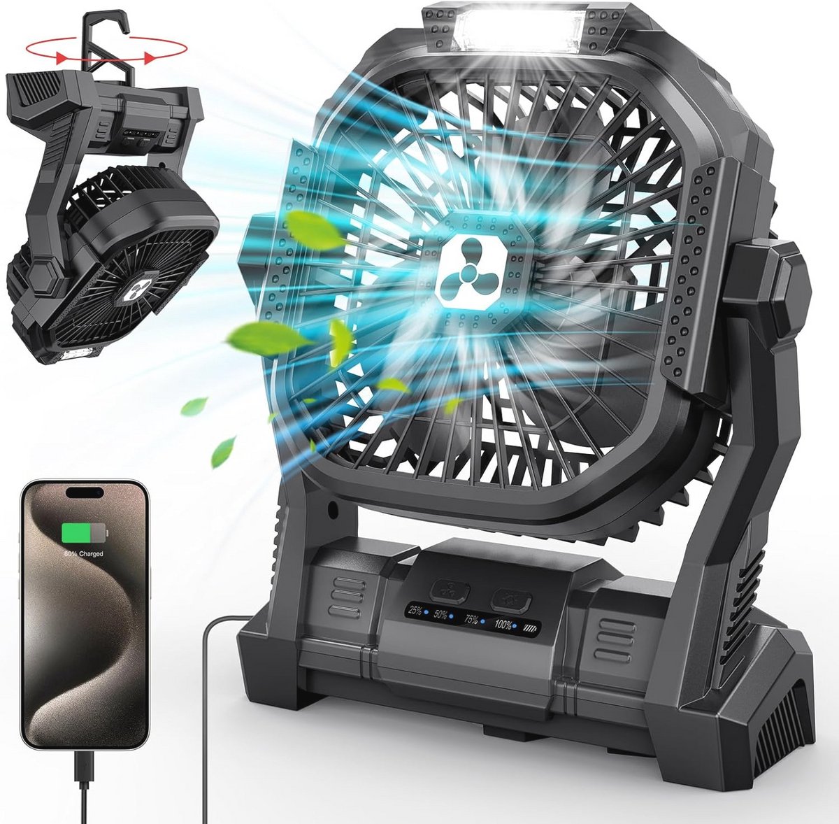 Draadloze Draagbare Ventilator 20.000 mAh - Oplaadbare Tafelventilator met LED-Lantaarn voor Camping en Reizen