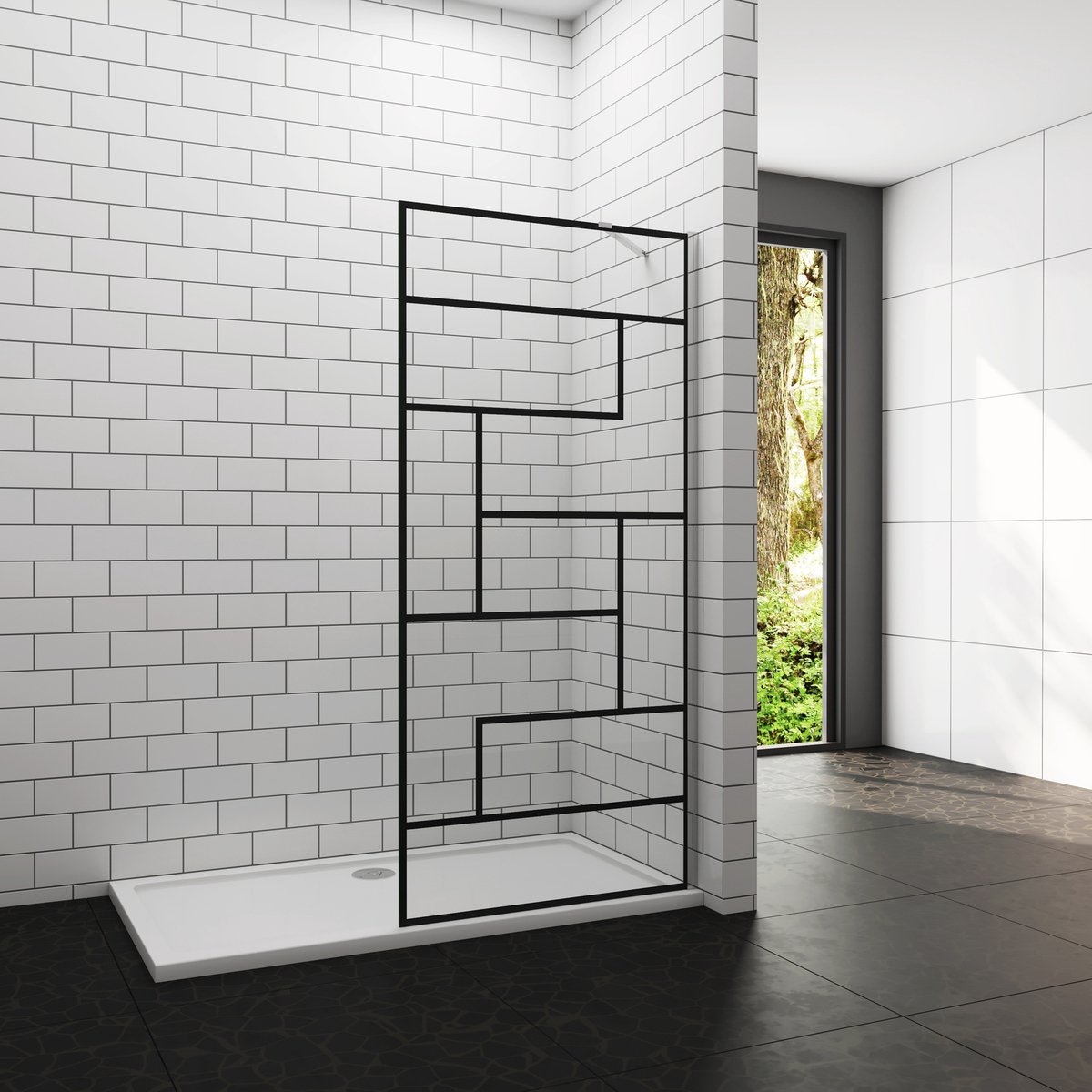 Douchewand-Inloopdouche 70x200cm 8mm NANO Easyclean zwart raster gezeefdrukt gehard glas glanzend chroom aluminium profiel 50cm stabilisatiestang(draaibaar).
