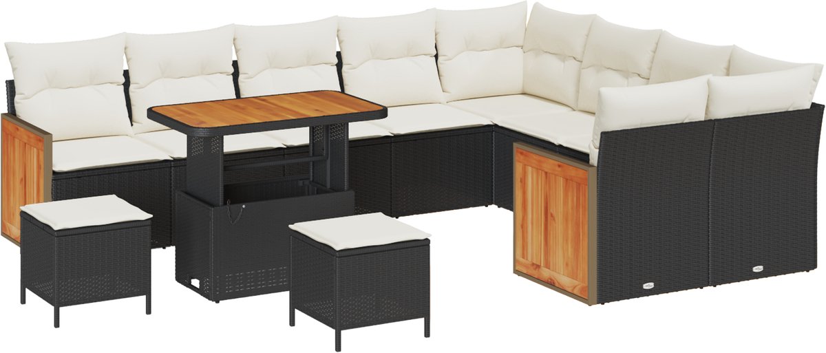 vidaXL - Tuinbank - Set - met - kussen - 13 - pcs - Zwart - en - Crème - poly - rattan