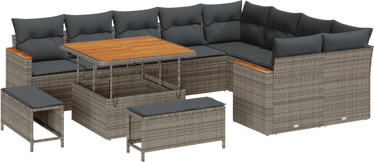 vidaXL - Tuinbank - Set - met - kussen - met - opslag - 12 - pcs - Grijs - Poly - Riet