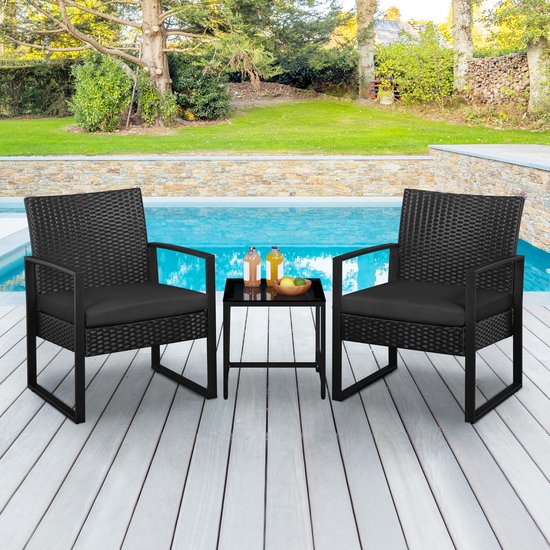 Clevich Balkonmeubelset, 3-delig, duurzaam polyrotan terrasmeubels, voor 2 personen, rotan tuinmeubelen, set klein, met tuintafel en 2 stoelen voor klein balkon, terras en buiten (zwart