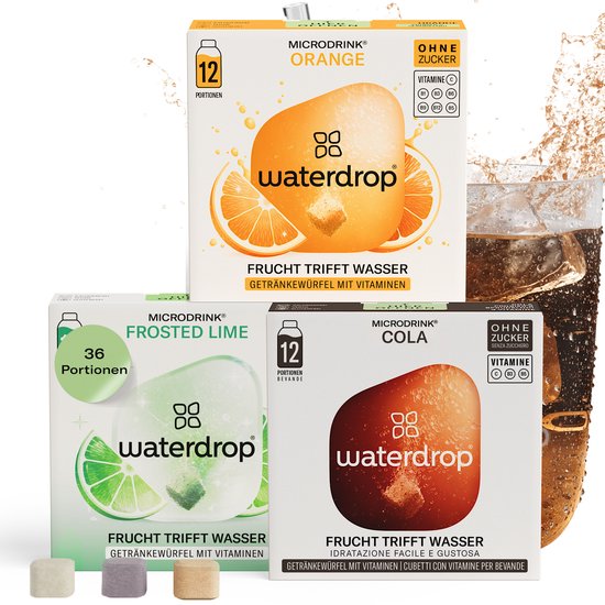 waterdrop® Klassiek Frisdrank Set - COLA, SINAASAPPEL & CITROEN-LIMOEN - 36 suikervrije bruistabletten voor water met smaak - Met natuurlijke fruit- en plantenextracten & extra vitamines