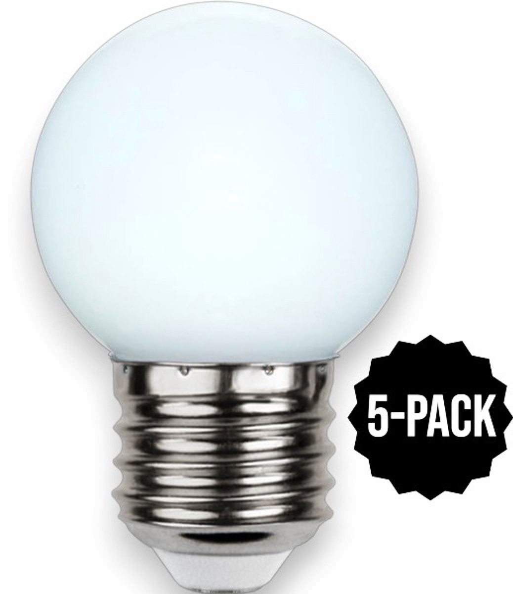 5-Pack | Prikkabel - Kogellamp - E27 - 1W - Daglicht - 6000K - Opaal
