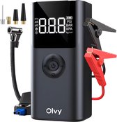 Olvy 12V Jumpstarter voor Auto met Compressor - 1500A - 3-in-1 Starthulp met Powerbank, LED Zaklamp en SOS Noodlicht - Startkabels met Accu - Opbergkoffer