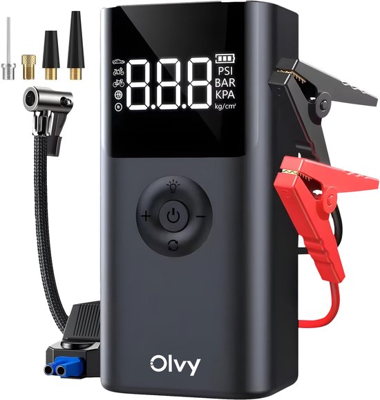 Olvy 12V Jumpstarter voor Auto met Compressor - 1500A - 3-in-1 Starthulp met Powerbank, LED Zaklamp en SOS Noodlicht - Startkabels met Accu - Opbergkoffer