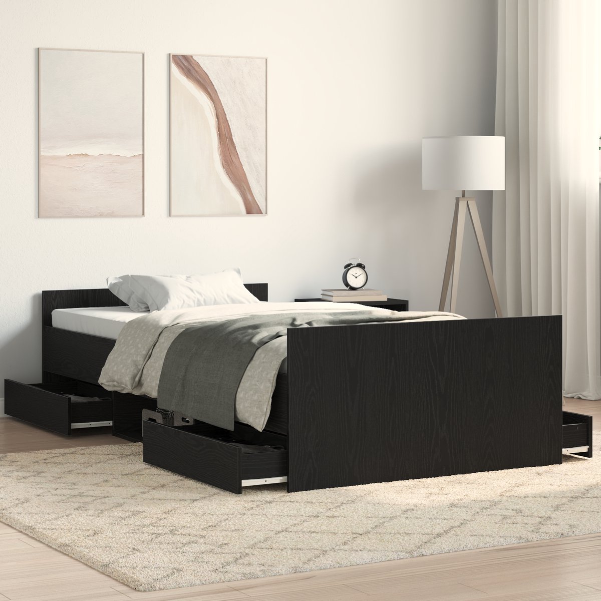 vidaXL - Bedframe - met - lade - Zwart - Eiken - 193 - x - 93 - x - 50 - cm - Bewerkt - ho