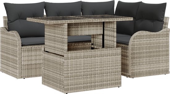 vidaXL - Buiten - Eettafel - Set - met - kussen - 5 - pcs - Lichtgrijs - Poly - rattan