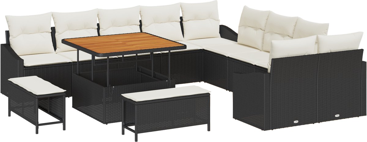 vidaXL - Tuinbank - Set - met - kussen - met - opslag - 13 - pcs - Zwart - Poly - rattan