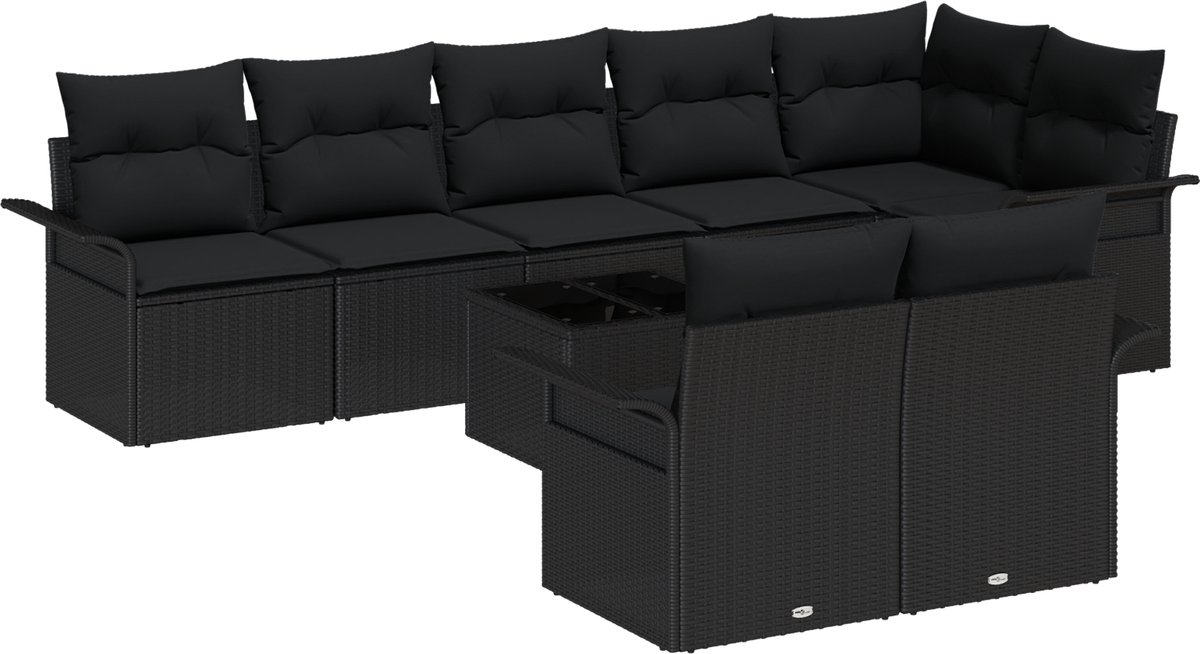 vidaXL - Tuinbank - Set - met - kussen - 9 - pcs - Zwart - Poly - rattan