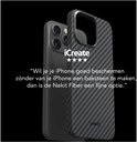 Donkergrijs iCreate Neket Fiber telefoonhoesje met zwart rasterpatroon, naast een smartphone.
