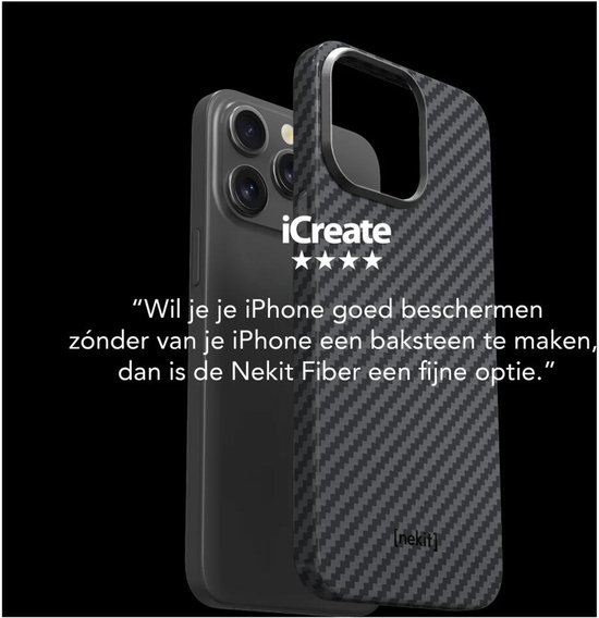 Donkergrijs iCreate Neket Fiber telefoonhoesje met zwart rasterpatroon, naast een smartphone.