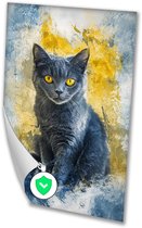 Grijze kat met gele ogen - Kat poster - Muurdecoratie dieren - Digital Art - Slaapkamer poster - Slaapkamer accessoires - poster 50x70 cm