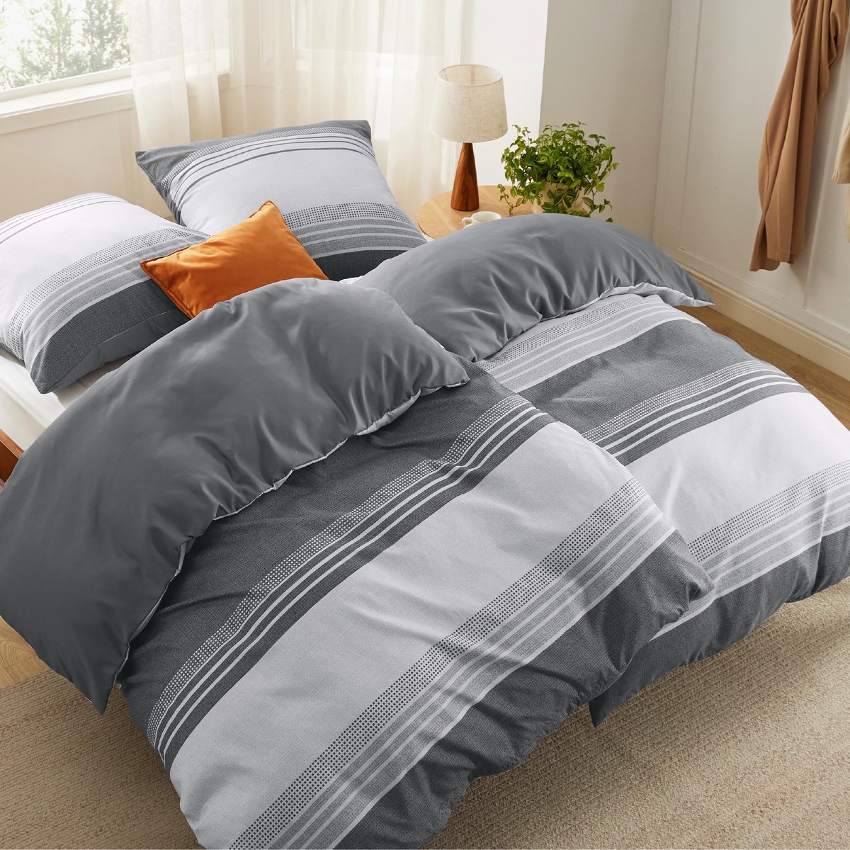 Ibenzoa Hoogwaardige 4-Delige Dekbedovertrek Set – 135 x 200 cm, Grijs Gestreept Patroon