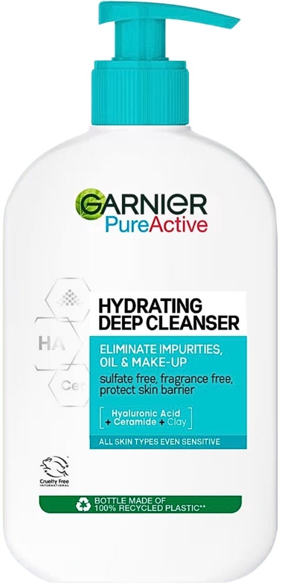 1 x Garnier - Pure Active - Gezichtsreiniger - Hydraterend - 250 ml - Gezichtsreiniger - Hydraterend - Zuivere Huid - Huidbarrière - Hyaluronzuur