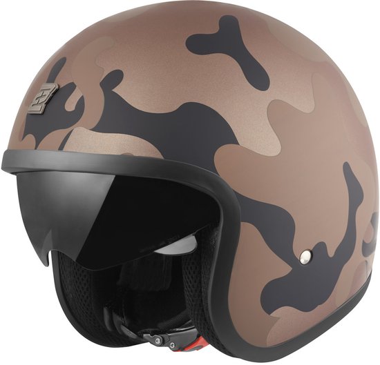 Casque jet camouflage marron avec visière noire et logo Bogotto.