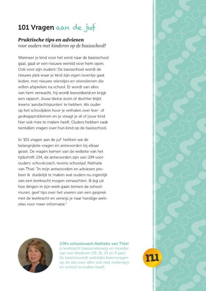Foto van J/M's schoolcoach Nathalie van Thiel, lerares en moeder, met op de achtergrond het logo 'nu'.
