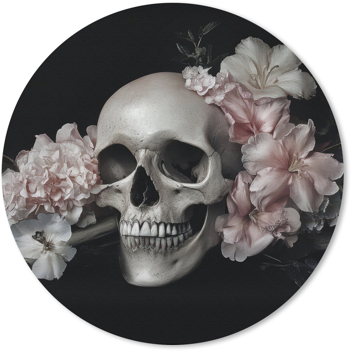 Muismat rond 30x30 cm - Mousepad Skelet - Bloemen - Pink - Schedel - Botten - Ronde muismatten