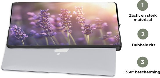 Housse pour ordinateur portable 17 pouces - Fleurs de lavande - Violet - Lumière du soleil - Housse pour ordinateur portable - Dimensions intérieures 41x28 cm - Dos noir