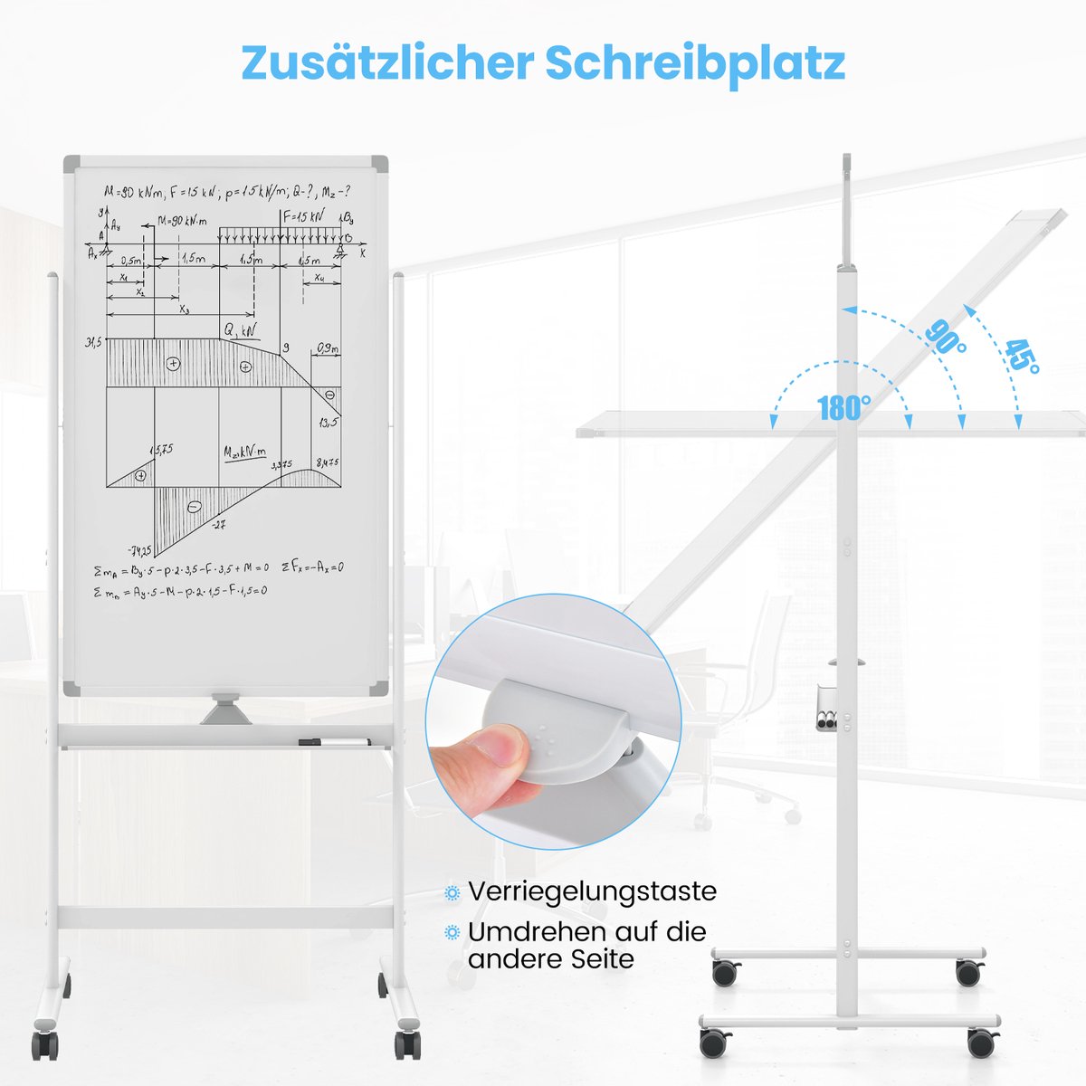 COSTWAY Dubbelzijdig mobiel whiteboard, 60 x 100 cm, in hoogte verstelbaar magnetisch whiteboard met wieltjes, standaard en pennenbakje, incl. accessoires voor school, kantoor, thuis (wit) thumbnail 4