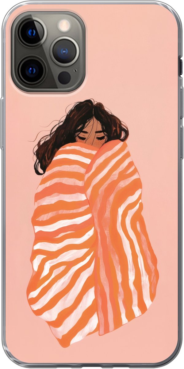 Telefoonhoesje Geschikt voor iPhone 12 Pro hoesje - Meisje - Deken - Gestreept - Oranje - Siliconen Telefoonhoesje Telefoonhoesje