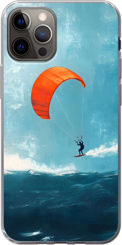 Telefoonhoesje Geschikt voor iPhone 12 Pro hoesje - Kitesurfer - Oranje - Zee - Lucht - Siliconen Telefoonhoesje Telefoonhoesje