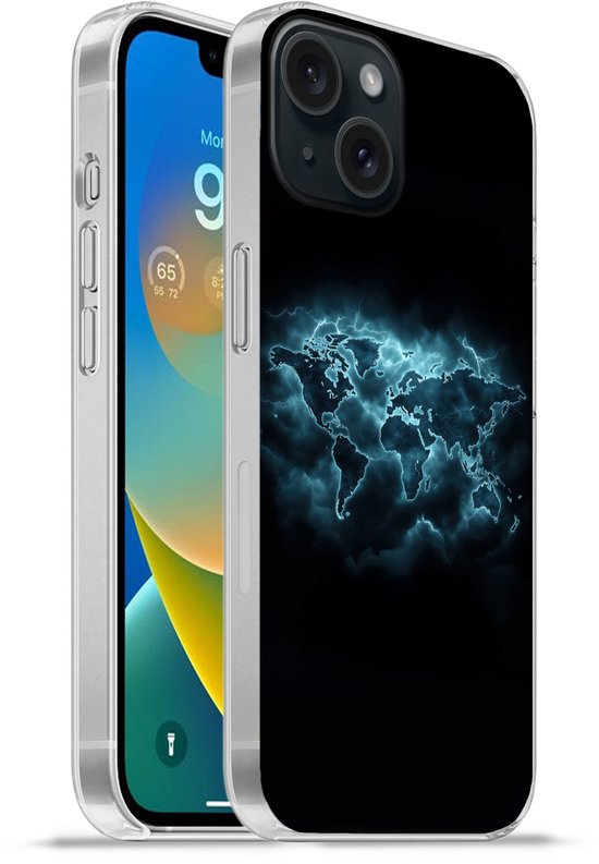 Telefoonhoesje Geschikt voor iPhone 15 hoesje - Wereldkaart - Bliksem - Blauw - Siliconen Telefoonhoesje Telefoonhoesje
