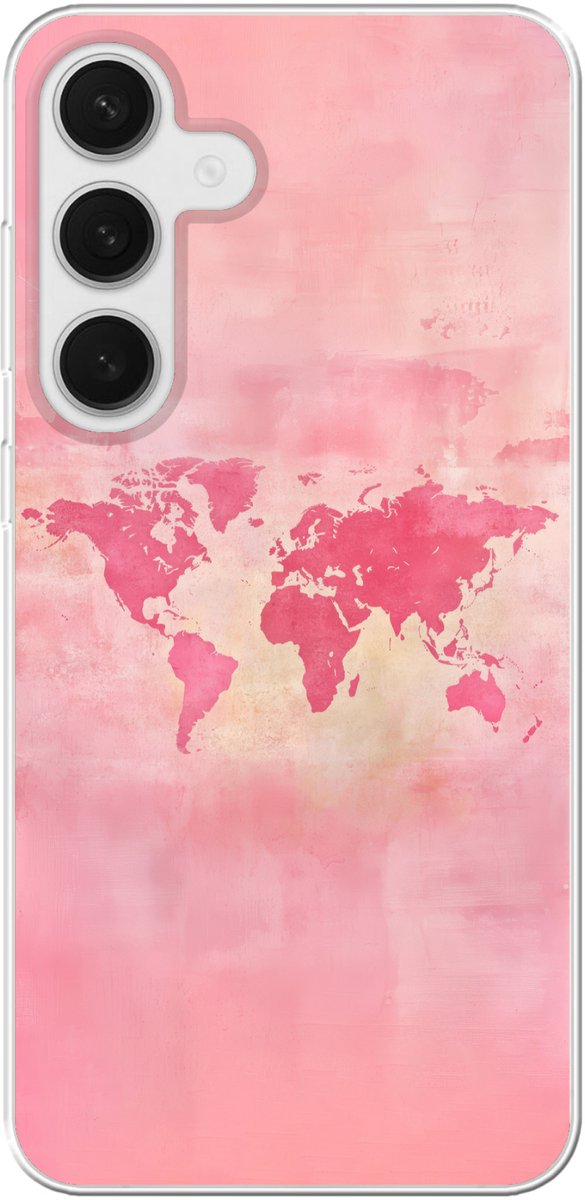 Telefoonhoesje Geschikt voor Samsung Galaxy S25 Plus hoesje - Wereldkaart - Roze - Vaag - Siliconen Telefoonhoesje Telefoonhoesje