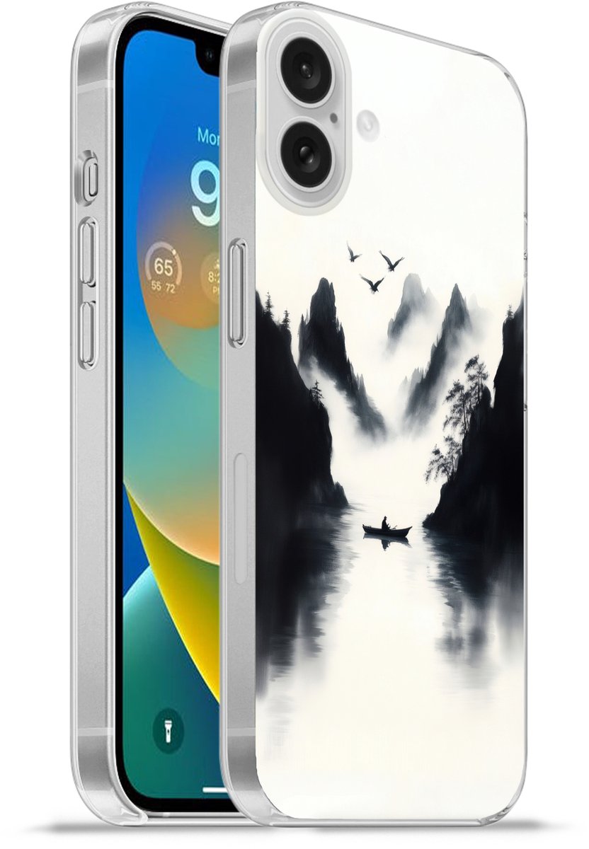 Telefoonhoesje Geschikt voor Apple Iphone 16 Plus hoesje - Roeiboot - Mistig - Bergen - Vogels - Siliconen Telefoonhoesje Telefoonhoesje