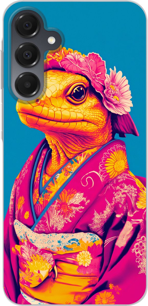 Telefoonhoesje Geschikt voor Samsung Galaxy A16 hoesje - Bloemenkrans - Hagedis - Kimono - Paars - Siliconen Telefoonhoesje Telefoonhoesje