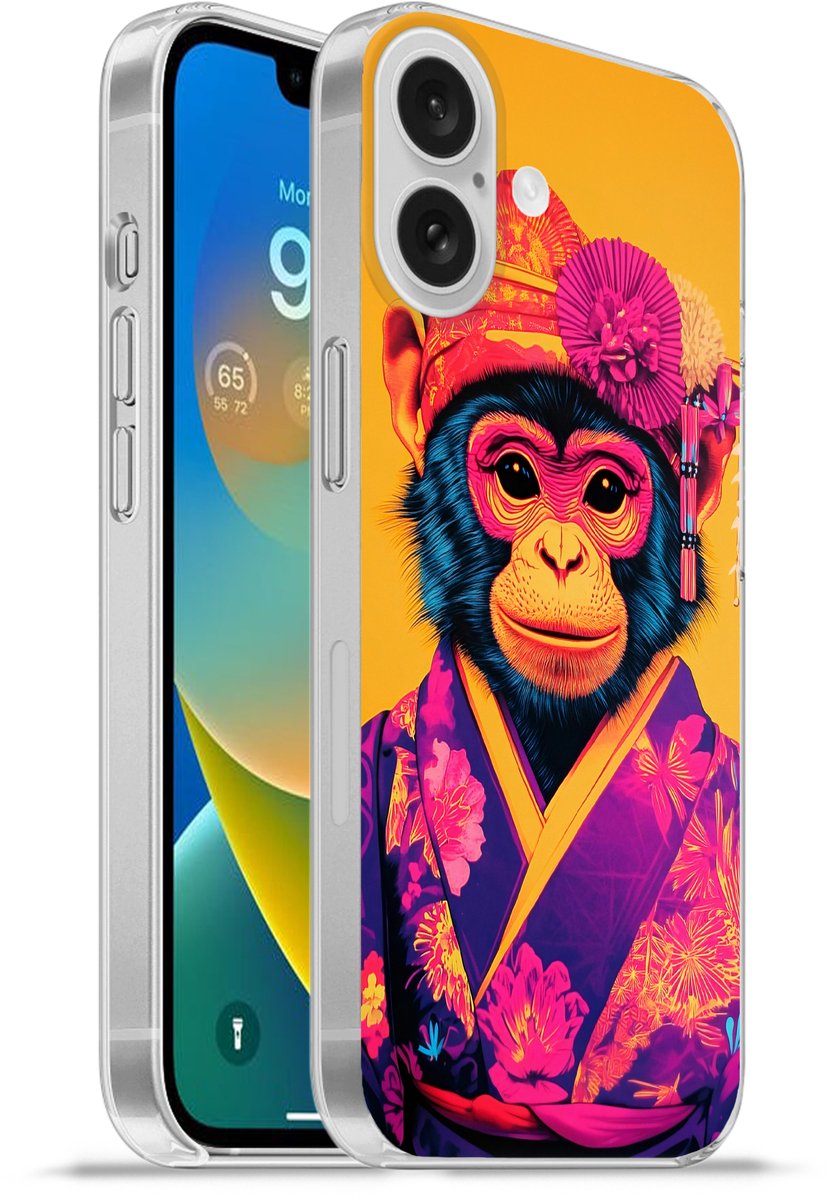 Telefoonhoesje Geschikt voor Apple Iphone 16 hoesje - Aap - Kimono - Bloemen - Hoofdtooi - Siliconen Telefoonhoesje Telefoonhoesje