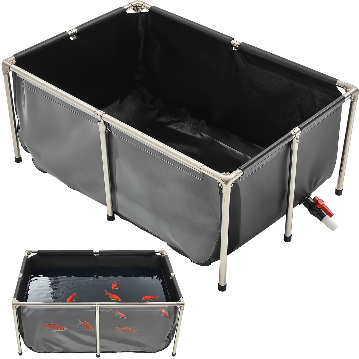 Canvas Visvijver, 480 Liter Aquarium, Pvc Koi Aquarium met Kijkvenster, Goudvis Aquarium met Roestvrijstalen Frame & Aftapkraan, Ideaal voor Het Kweken Van Koi En Goudvissen (Zwart)