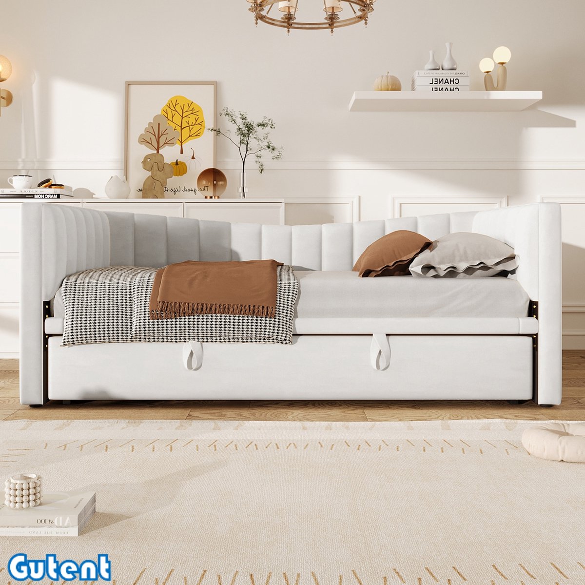 Gutent Slaapbank-90 x 200 cm (180 x 200 cm)-met uitschuifbed (zonder matras)-Velvet- Wit