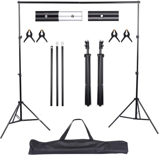 Achtergrondstandaard, 2 x 2 m, verstelbare achtergrondsteunsysteem, set greenscreen standaard, fotoachtergrond standaard, achtergrond frame met 4 stuks ederklemmen voor fotografie, video, portret.