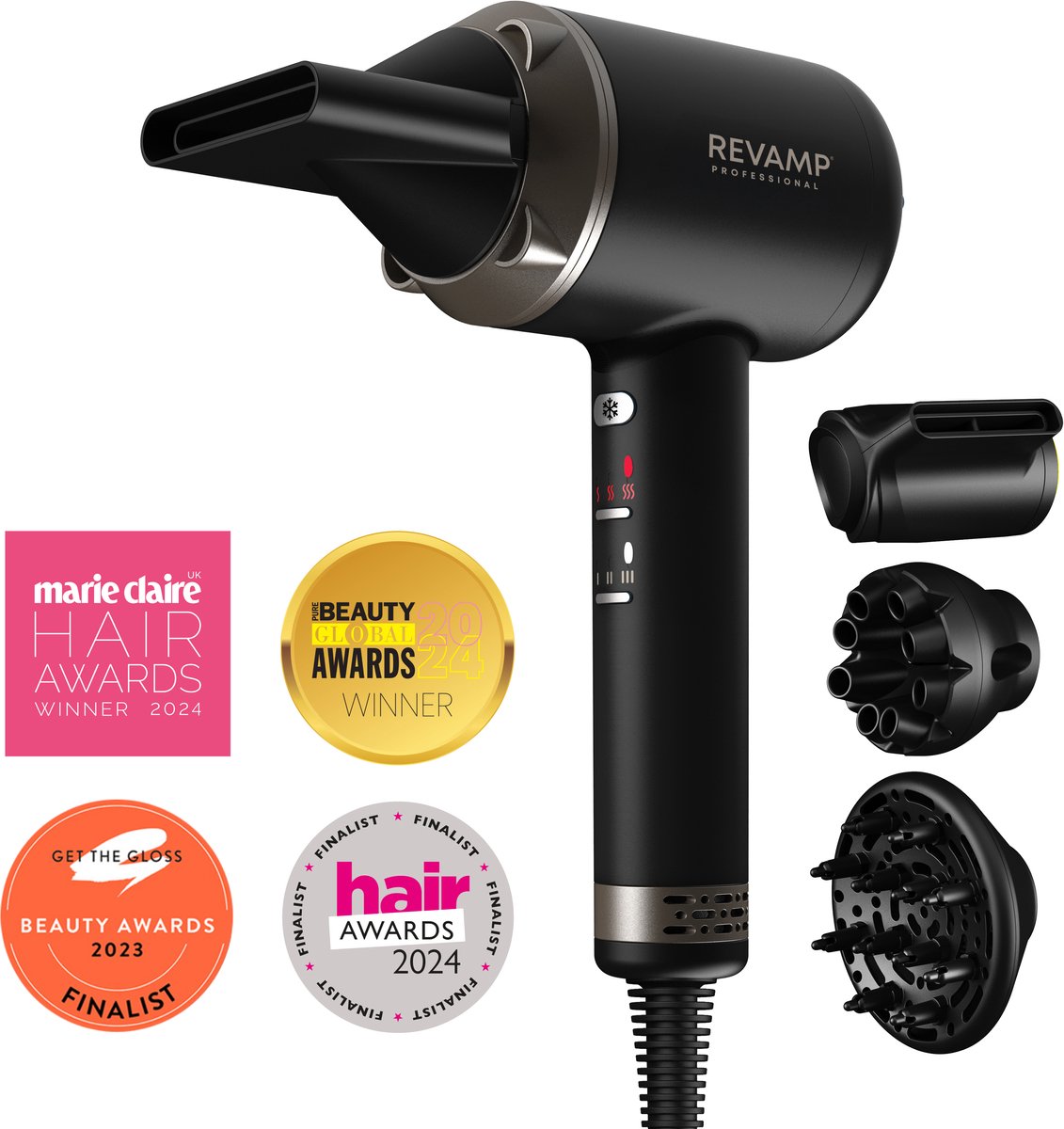 Revamp DR7000 Haardroger - Föhn - inclusief opzetstukken - Met Diffuser - 4 Warmtestanden - 3 Snelheidsinstellingen - Progloss