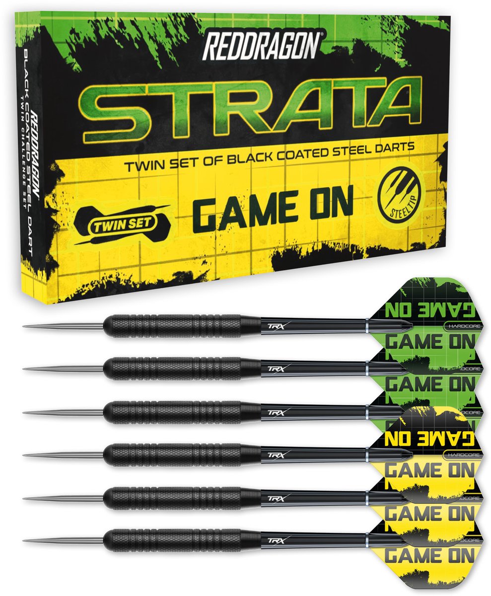 Red Dragon Darts Set - Strata Game On Twin Set of Darts - 20g Black Steel Tip Dart with Flights and Shafts - Ideal for Beginners and Casual Players Visit the RED DRAGON Store