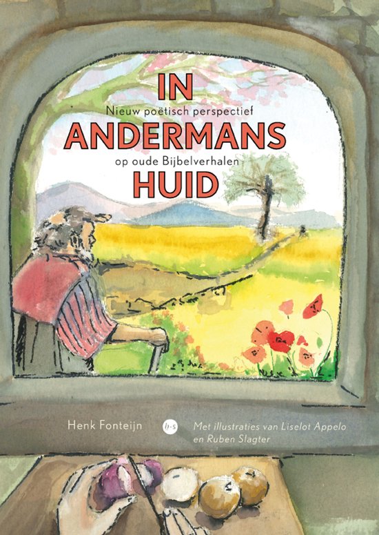Illustratie van een oudere man die over zijn schouder kijkt naar een landschap.