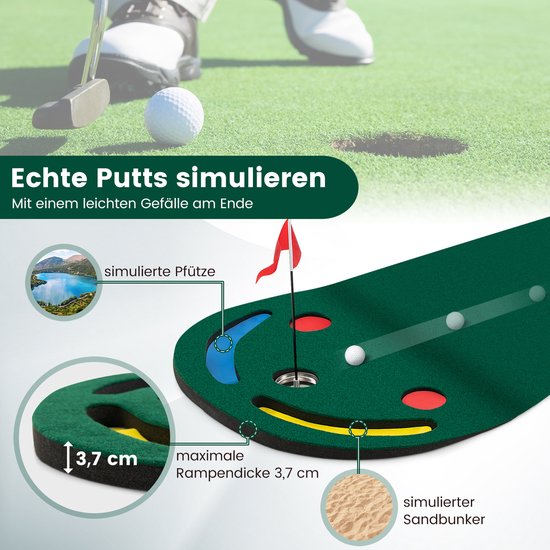 COSTWAY 300 x 96 cm golfputtingmat, golfmat voor binnen en buiten, opvouwbare golfoefenmat met 3 putting cups en 1 vlag, putting green golf trainingsmat voor thuis, kantoor, erf van Merkloos — afbeelding 3