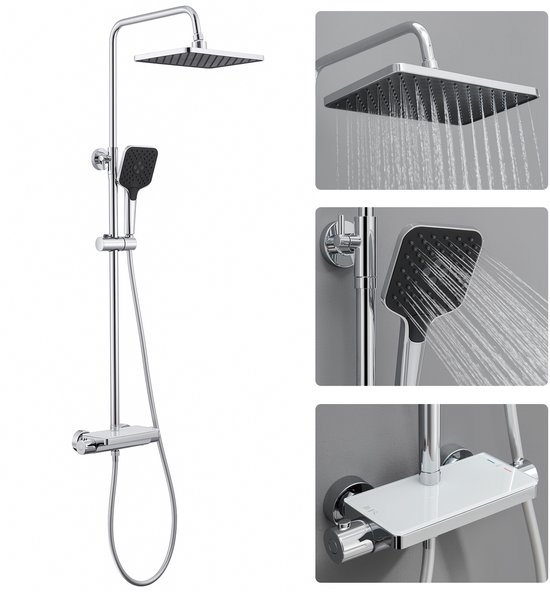 Douchesysteem in werking met stromend water uit de regendouche en handdouche, en thermostaatkraan met glazen plateau.