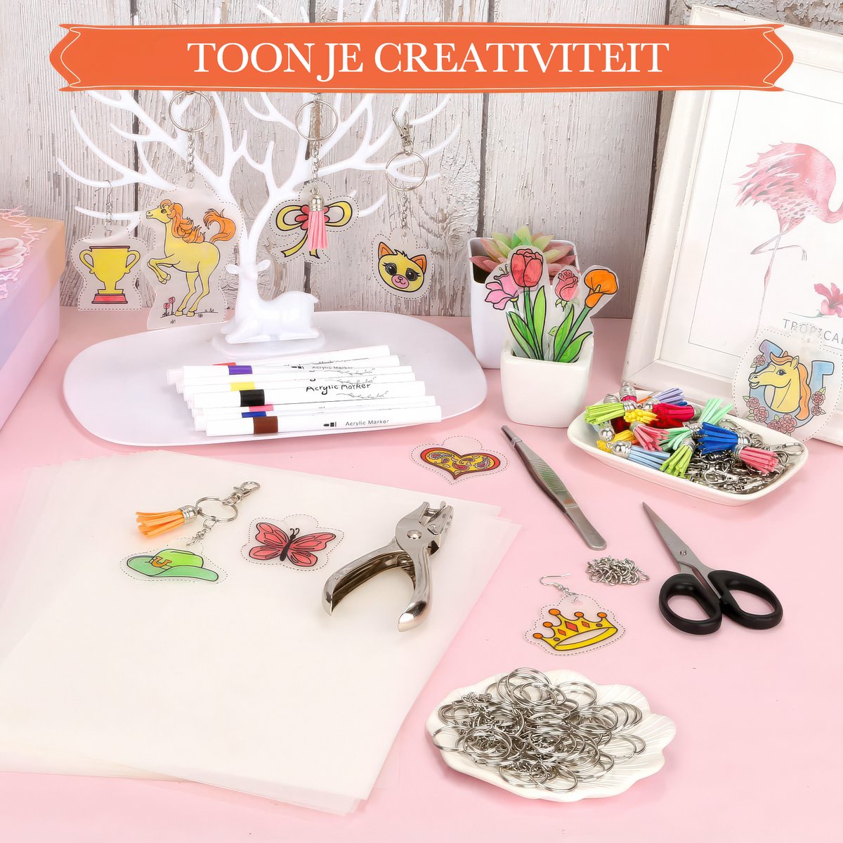 185-Delig Krimpfolie Knutselpakket - 15 Krimp Folie Vellen 15*11cm met Oorbel Haakjes/Sleutelringen/Gaatjestang/Hangers - Krimpie Dinkie Dimpie Knutselen Pakket voor Jongens/Meisjes - Sieraden/Oorbellen/Sleutelhangers Maken Knutselset — afbeelding 9