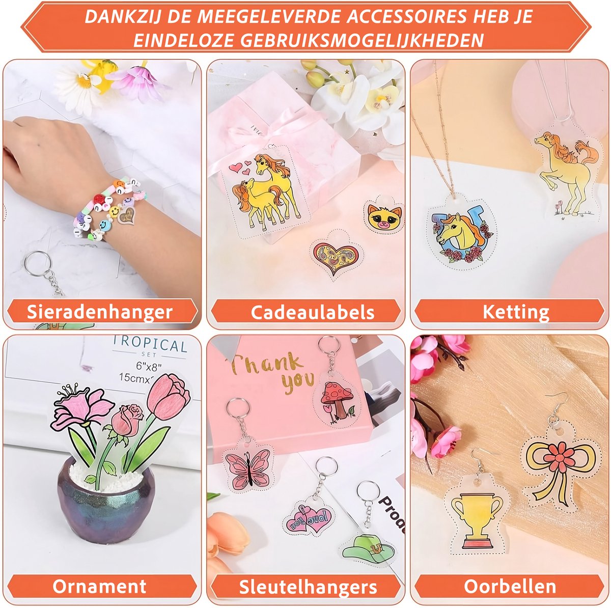 185-Delig Krimpfolie Knutselpakket - 15 Krimp Folie Vellen 15*11cm met Oorbel Haakjes/Sleutelringen/Gaatjestang/Hangers - Krimpie Dinkie Dimpie Knutselen Pakket voor Jongens/Meisjes - Sieraden/Oorbellen/Sleutelhangers Maken Knutselset — afbeelding 4