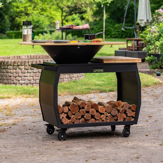 RJRoyal Living Plancha grill BBQ Big Jack Blackline 3.0 grillring en houtopslag vuurschaal buitenkeuken grillring met houten snijplank van Merkloos — afbeelding 2