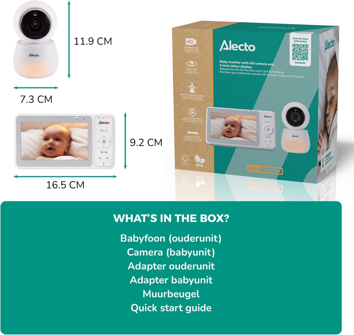 Afbeelding 2 van Alecto Babyfoon met Camera - Pro Collection - HD Camera - Groot 5 inch Scherm - Op afstand bestuurbaar - Uitbreidbaar tot 4 camera's - Nachtlampje - DVM2050 - Wit