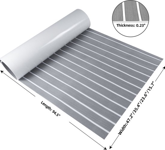 TeakFoamShop – Tapis de bateau en mousse de teck EVA Pro Series – Revêtements de sol autocollant Premium Bateaux – 240 x 60 cm – Gris clair avec lignes Witte – Durable et Luxe , antidérapant
