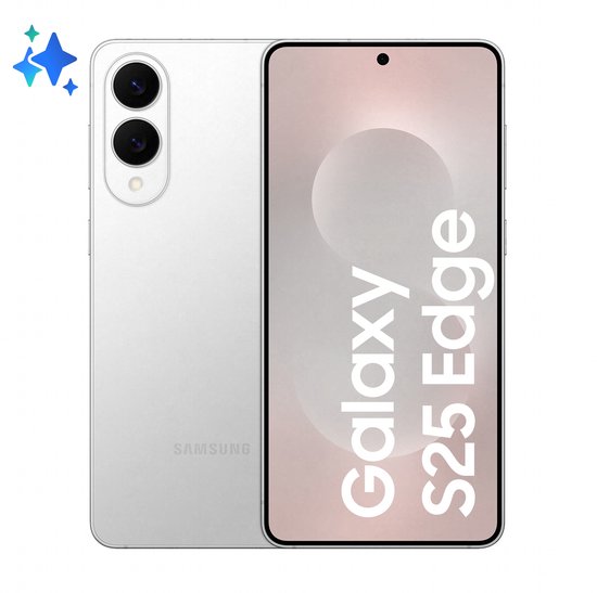 Zilverkleurige Samsung Galaxy S25 Edge smartphone met twee lenzen op de achterkant.