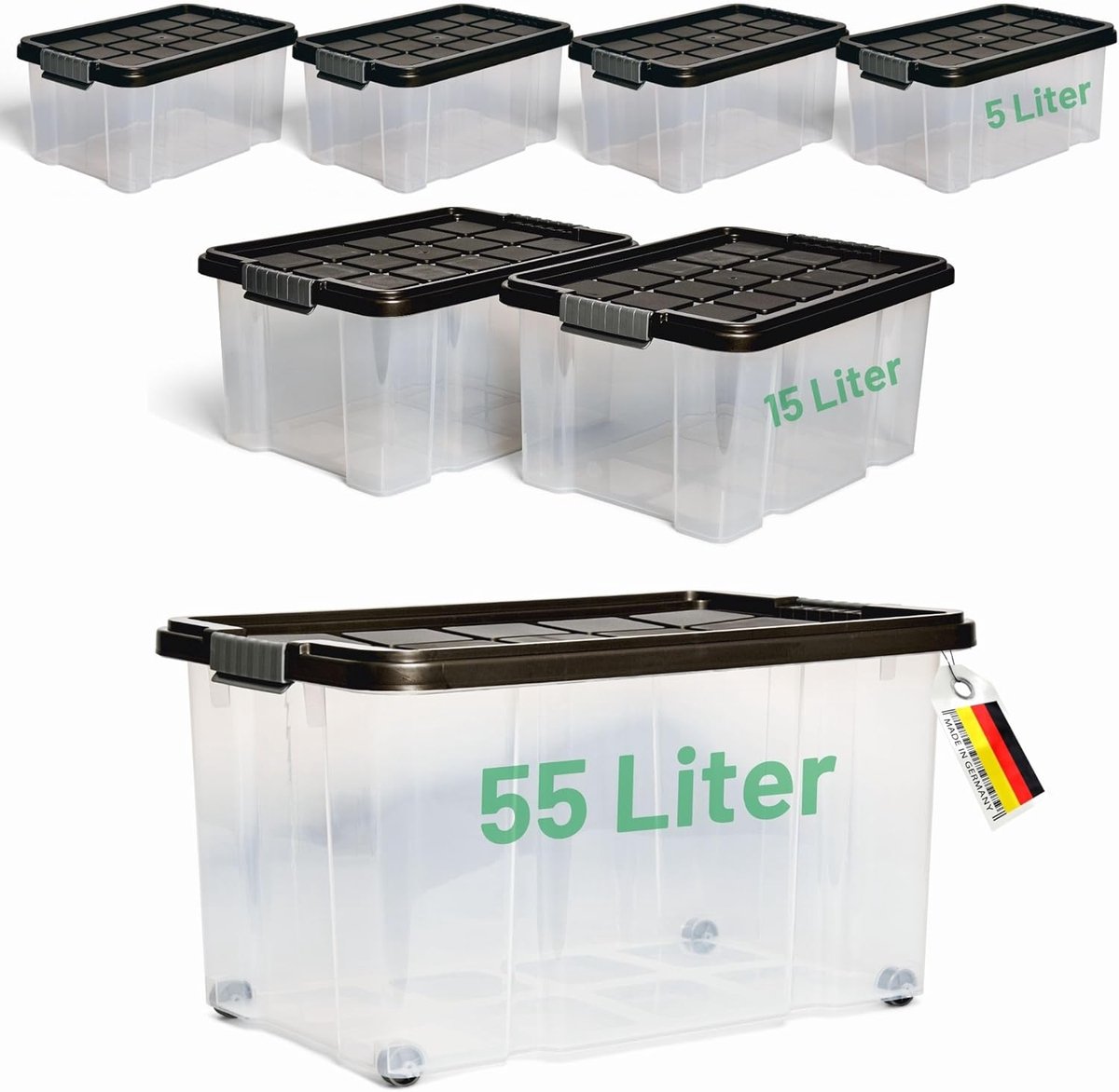 Novaliv 7-delige voordeelset opbergdozen met deksel, antraciet, 1x55 L + 2x 15 L + 4x 5 L, nestbaar, stapelbaar, clipsluiting, roldozen, BPA-vrij