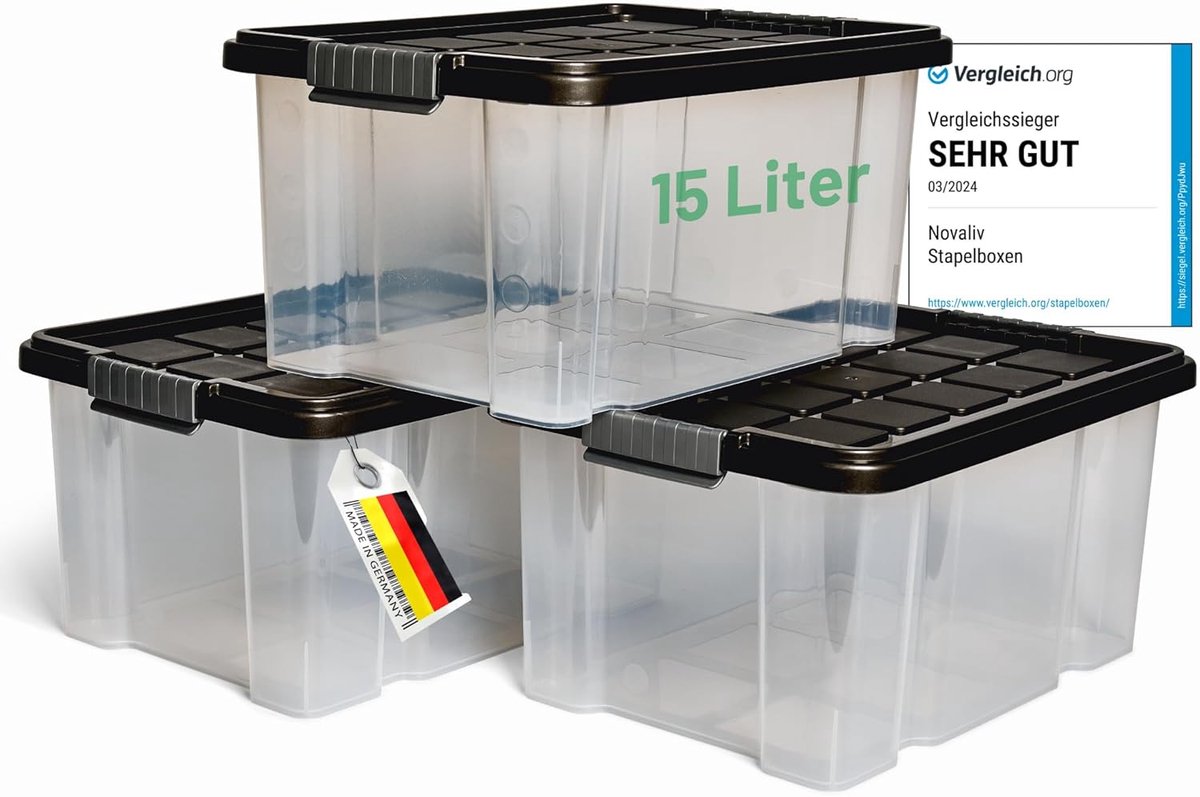 Novaliv 3x opbergdozen met deksel 15L antraciet Nestbare stapelbare opbergdozen met clipsluiting Kunststof doos BPA-vrij 41 x 29 x 20 cm