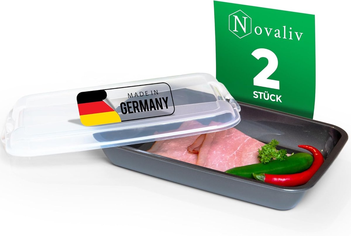 Novaliv set van 2 antraciet premium vleeswarendozen met transparant deksel, vershouddozen voor worst & kaas, afmetingen 25x17x5 cm, koelkastorganizer, knäckebröddoos, onmisbare keukengadgets voor in huis