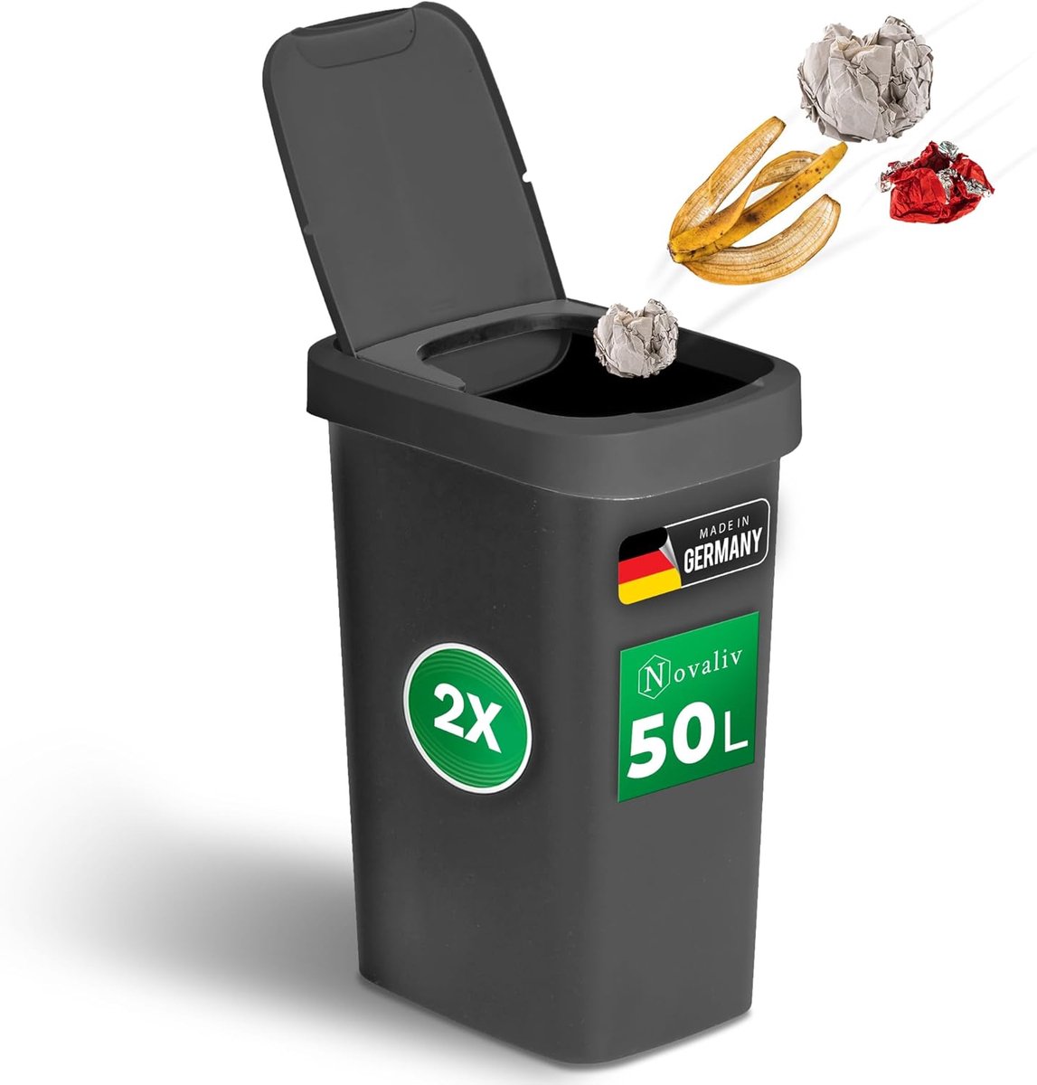 Novaliv 2-pack vuilnisbakken 50L met 2-in-1 deksel, scharnierend deksel en zwaaideksel, stijlvolle anti-geur afvalbak voor keuken, huishouden, kantoor, vuilnisemmer, afvalbak, plastic afvalcontainer