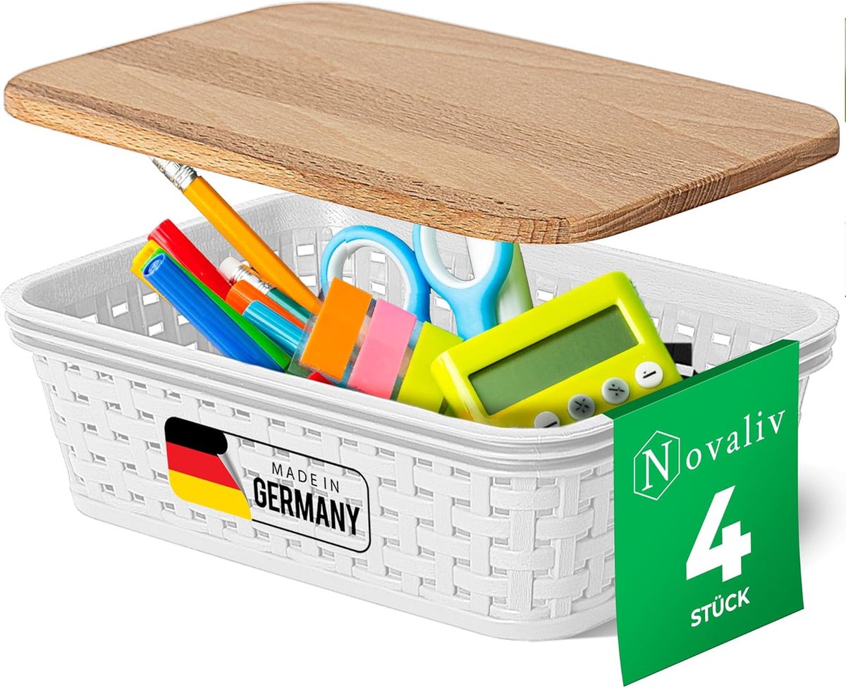 Novaliv set van 4 elegante opbergmanden met houten deksels in rotanlook | Wit voedselveilig plastic 1L? voor kantoor en thuis. Veelzijdige opbergdozen. Ideale opbergdoos