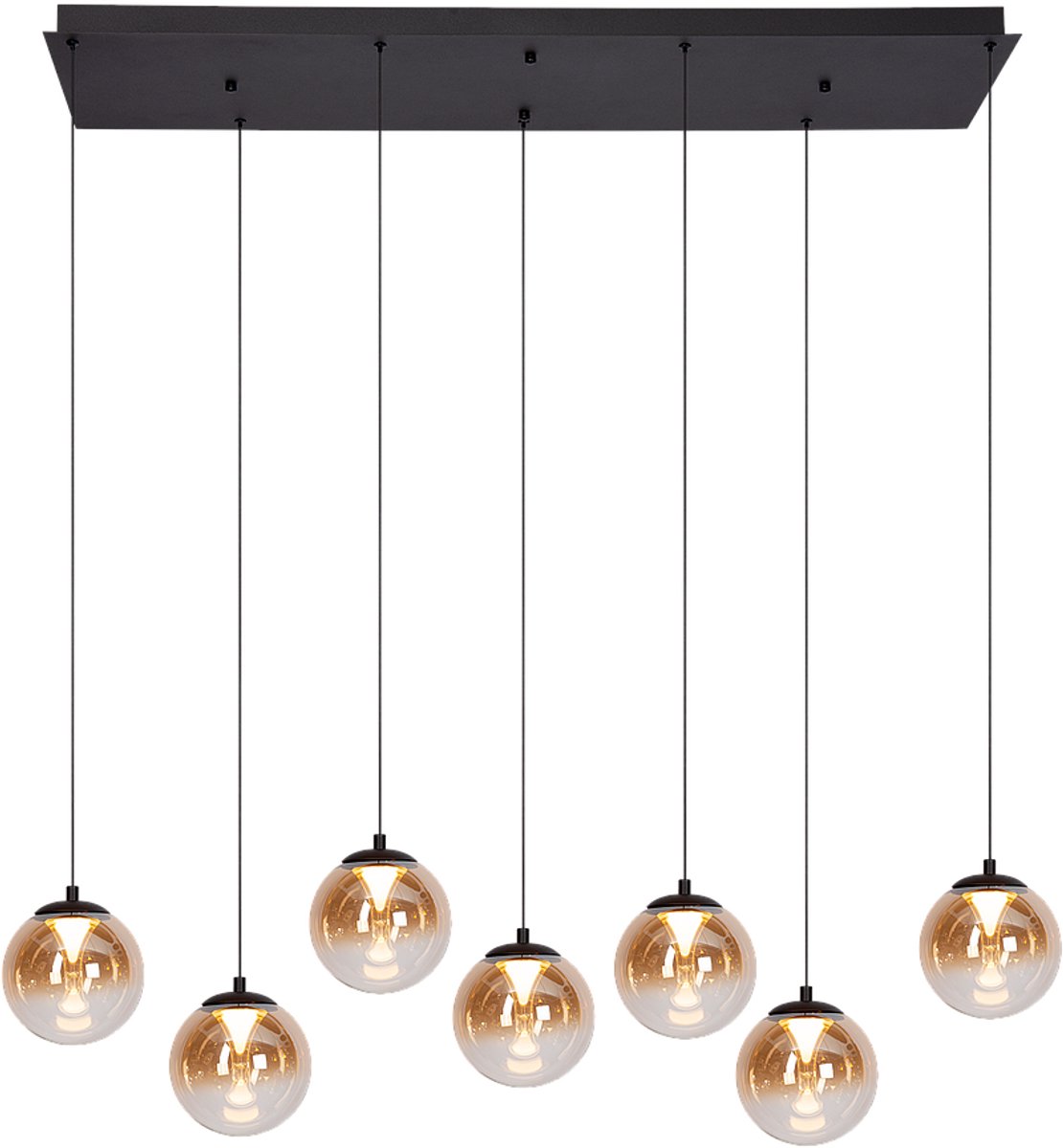 Atmooz Monza 7 Hanglamp – 120x40 cm – Zwart – 7 Pendels – Amber & Smoke Glas – Geïntegreerde LED – Plafondlamp